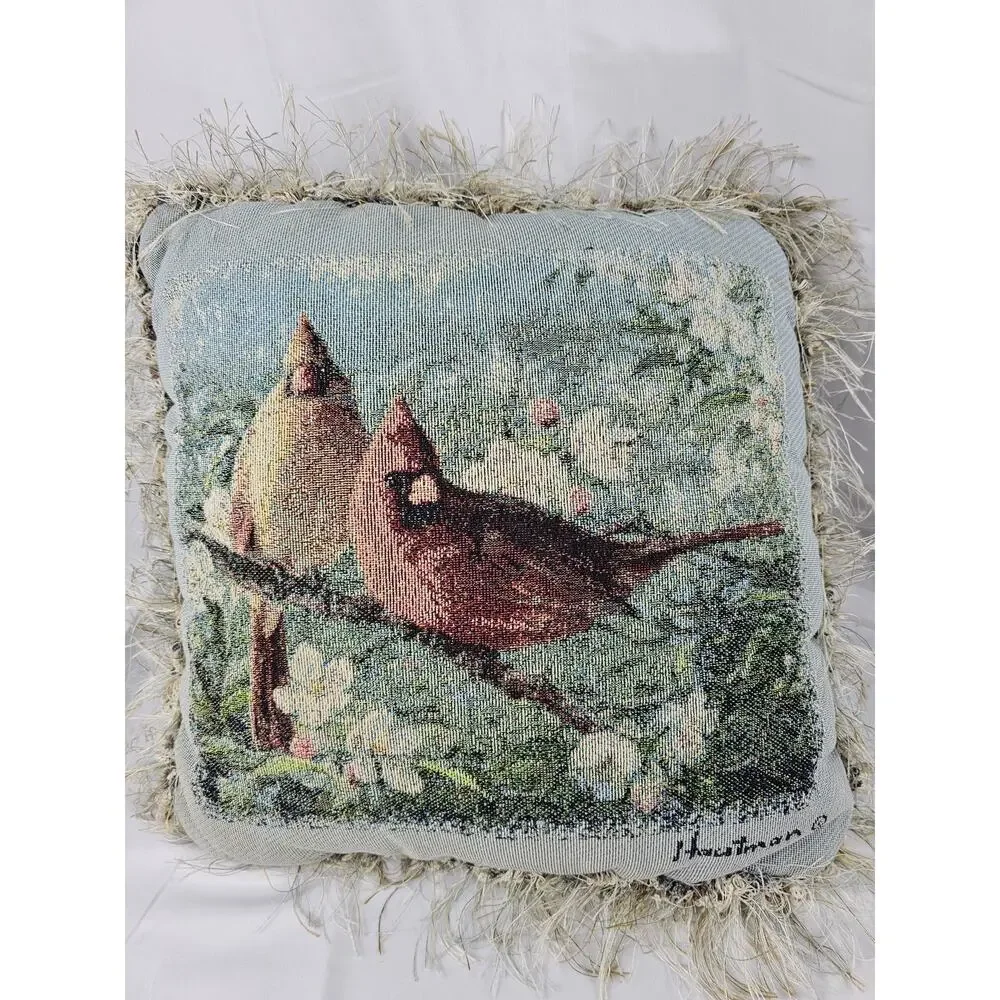 Gorgeous Tapestry Throw Pillow Features Winter Scene w/ 2‎ Cardinals on a branch